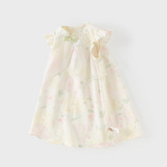 Dave&Bella Summer Toddler Girls Chinese-style Sleeveless Beige Lotus Print A-line Dress