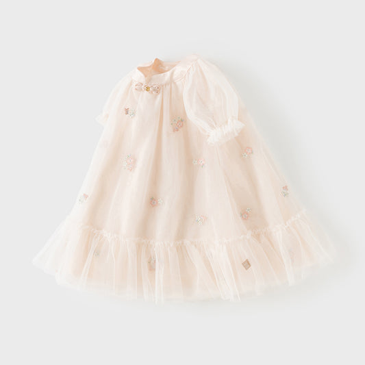 Dave&Bella Toddler Girls Summer Pink/Beige Chinese-style A-line Party Mesh Dress