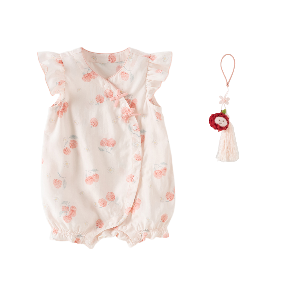 Dave&Bella Summer Baby Girls Chinese-style Fruit Print Pink Sleeveless Lightweight Rompers