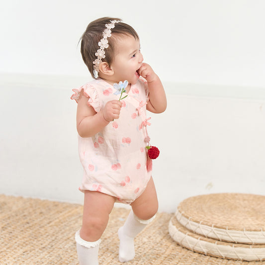 Dave&Bella Summer Baby Girls Chinese-style Fruit Print Pink Sleeveless Lightweight Rompers