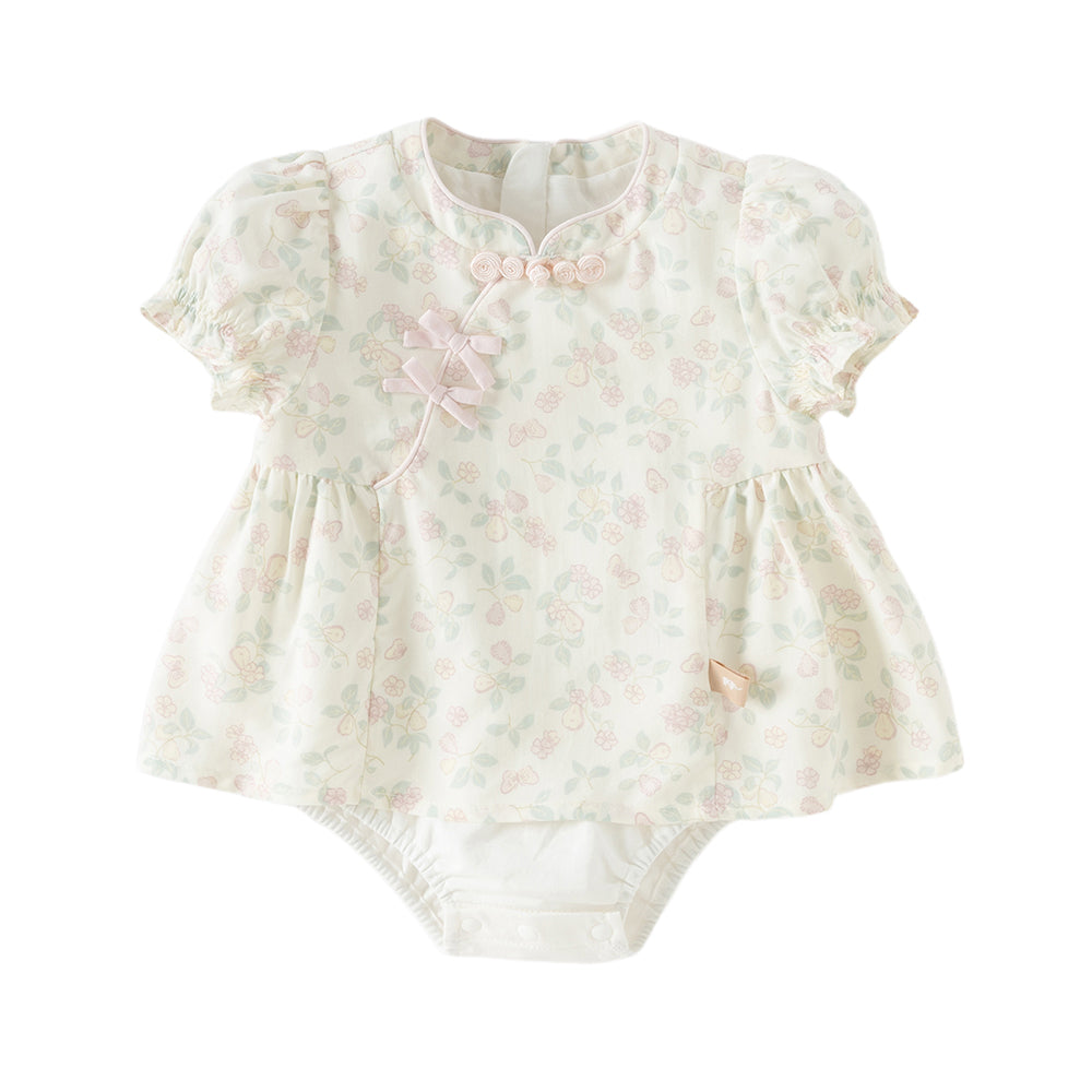 Dave&Bella Baby Girls Summer Floral Print Beige Turtle Chinese-style Comfortable Rompers