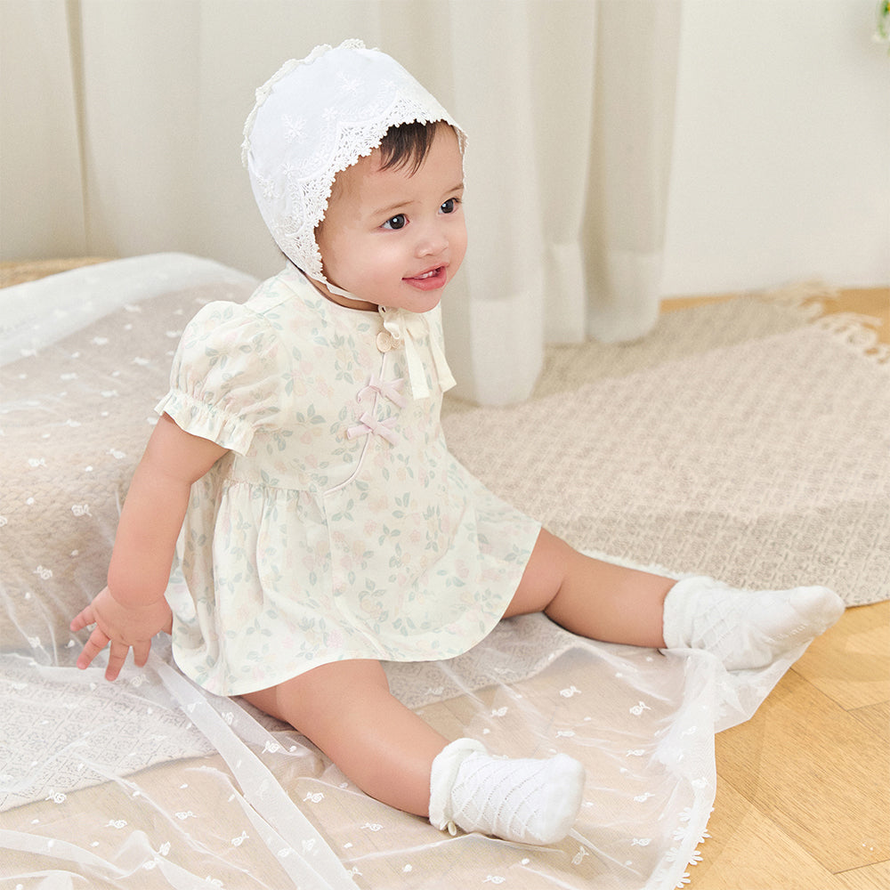Dave&Bella Baby Girls Summer Floral Print Beige Turtle Chinese-style Comfortable Rompers