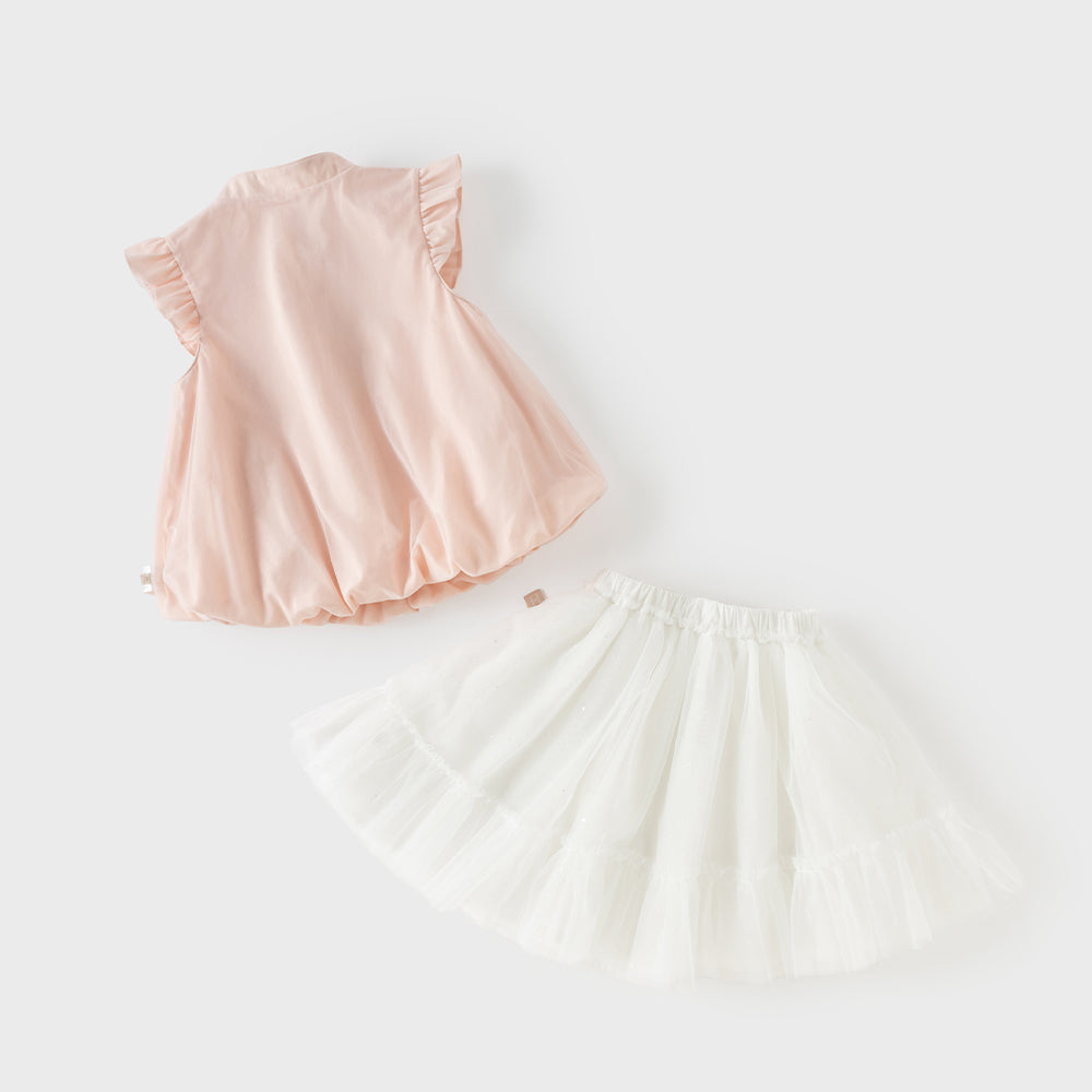Dave&Bella Summer Kids Girls Pink Chinese-style Turtle Flutter Sleeve Top Mesh Skirt Suits