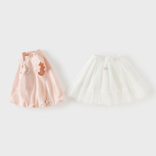 Dave&Bella Summer Kids Girls Pink Chinese-style Turtle Flutter Sleeve Top Mesh Skirt Suits
