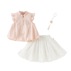Dave&Bella Summer Kids Girls Pink Chinese-style Turtle Flutter Sleeve Top Mesh Skirt Suits