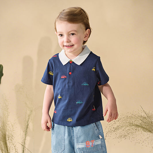 Dave&Bella Summer Toddler Boys Navy Blue Short Sleeve Breathable Cotton Polos