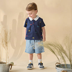 Dave&Bella Summer Toddler Boys Navy Blue Short Sleeve Breathable Cotton Polos