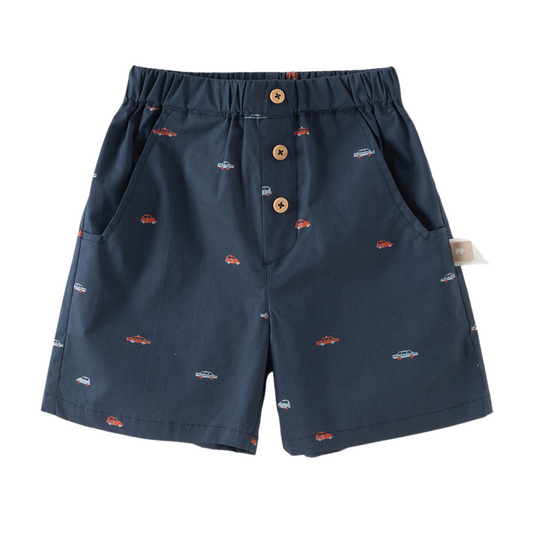 Dave&Bella Summer Toddler Boys Navy Blue Car Print Cotton Casual Comfortable Shorts