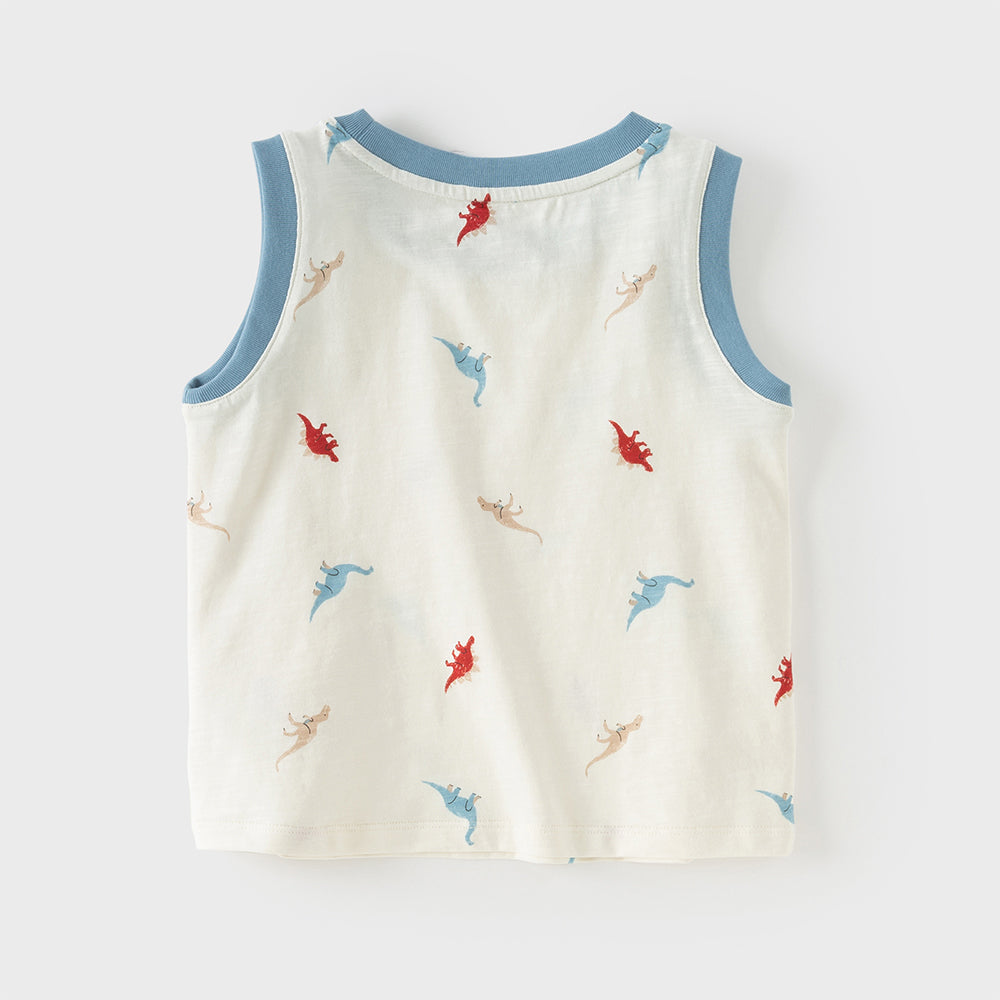Dave&Bella Toddler Boys Summer White/Blue Print Sleeveless Cotton Versatile Tank Tops