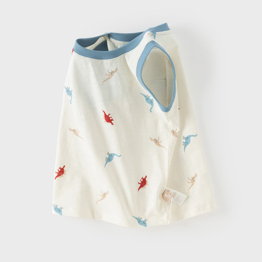 Dave&Bella Toddler Boys Summer White/Blue Print Sleeveless Cotton Versatile Tank Tops