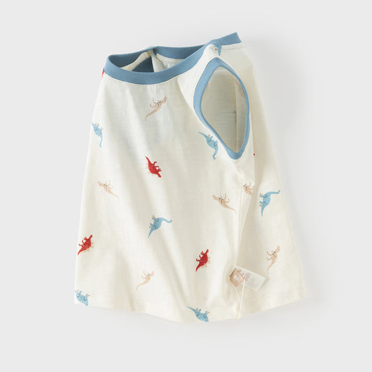 Dave&Bella Toddler Boys Summer White/Blue Print Sleeveless Cotton Versatile Tank Tops