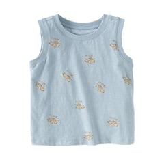Dave&Bella Toddler Boys Summer White/Blue Print Sleeveless Cotton Versatile Tank Tops