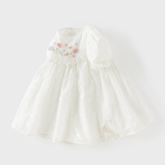 Dave&Bella Summer Toddler Girls Beige Adorable Flower Embroidery Mesh Princess Dress