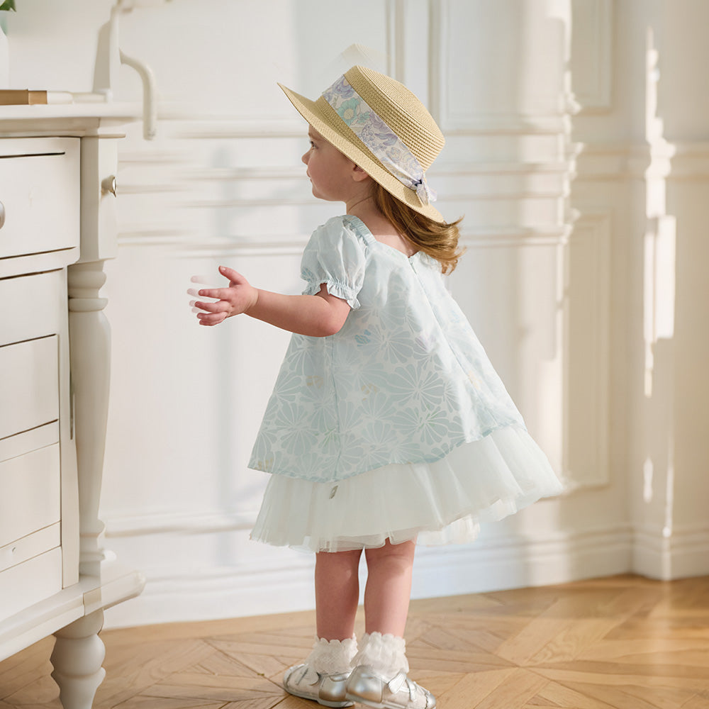 Dave&Bella Summer Toddler Girls Light Blue Print Puff Sleeves Elegant A-line Party Dress