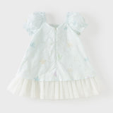 Dave&Bella Summer Toddler Girls Light Blue Print Puff Sleeves Elegant A-line Party Dress