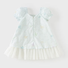 Dave&Bella Summer Toddler Girls Light Blue Print Puff Sleeves Elegant A-line Party Dress