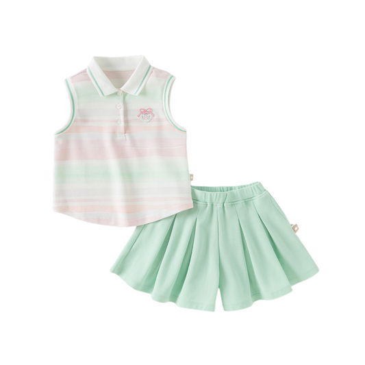 Dave&Bella Summer Kids Girls Sweet Pink Preppy Polo Collar Sleeveless Outfit Sets