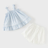 Dave&Bella Summer Toddler Girls Light Blue Sleeveless Breathable Cute Striped Outfit Sets