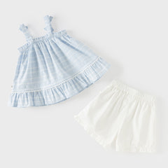 Dave&Bella Summer Toddler Girls Light Blue Sleeveless Breathable Cute Striped Outfit Sets