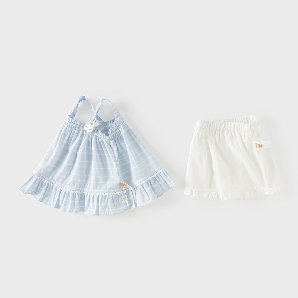 Dave&Bella Summer Toddler Girls Light Blue Sleeveless Breathable Cute Striped Outfit Sets