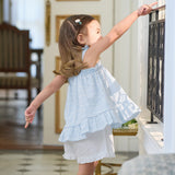 Dave&Bella Summer Toddler Girls Light Blue Sleeveless Breathable Cute Striped Outfit Sets