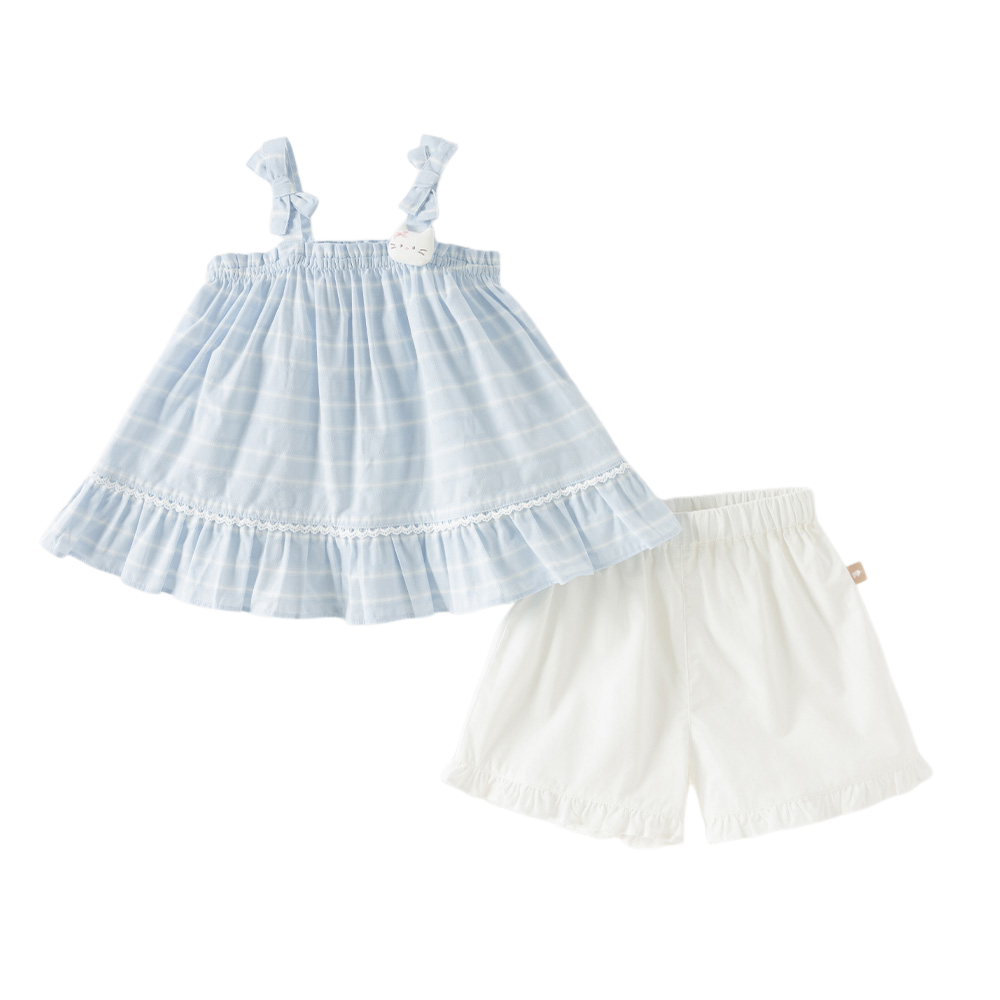Dave&Bella Summer Toddler Girls Light Blue Sleeveless Breathable Cute Striped Outfit Sets