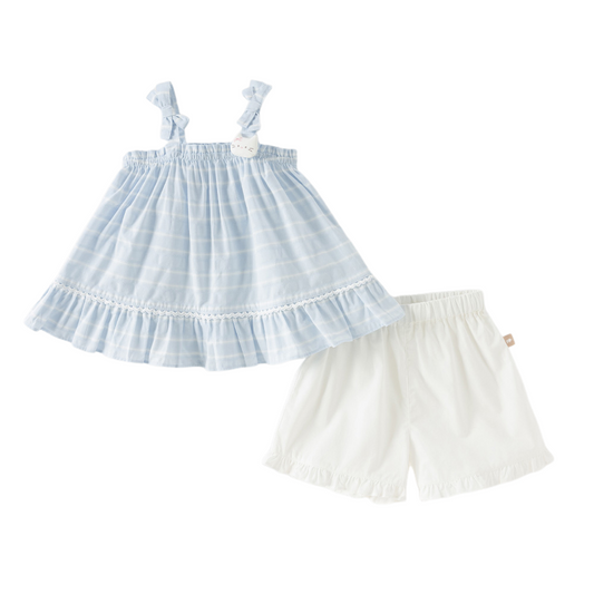 Dave&Bella Summer Toddler Girls Light Blue Sleeveless Breathable Cute Striped Outfit Sets