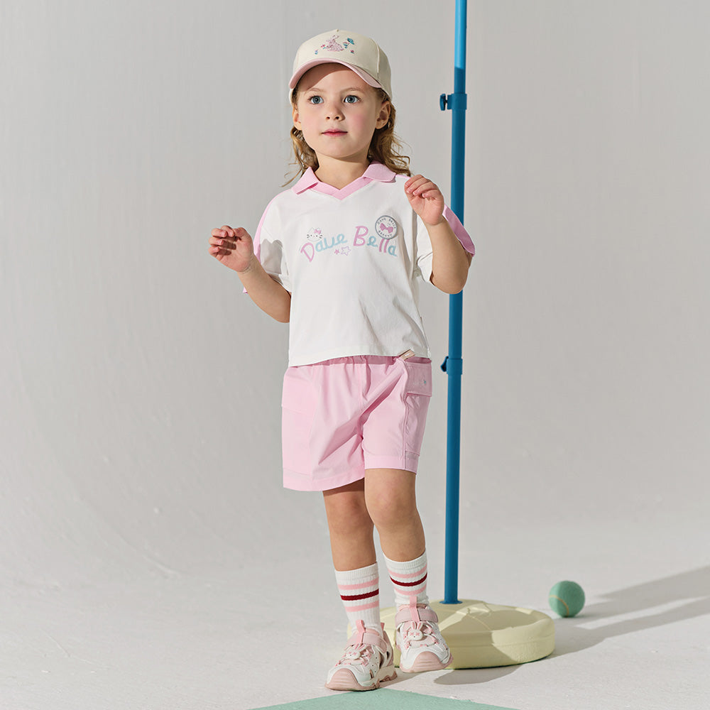 Dave&Bella Summer Toddler Girls Pink Breathable Cartoon Print Sports Outfit Sets