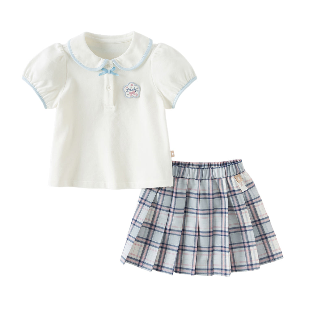 Dave&Bella Toddler Girls Summer White Doll Collar College Plaid Skirt Suits