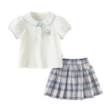 Dave&Bella Toddler Girls Summer White Doll Collar College Plaid Skirt Suits