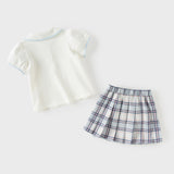 Dave&Bella Toddler Girls Summer White Doll Collar College Plaid Skirt Suits