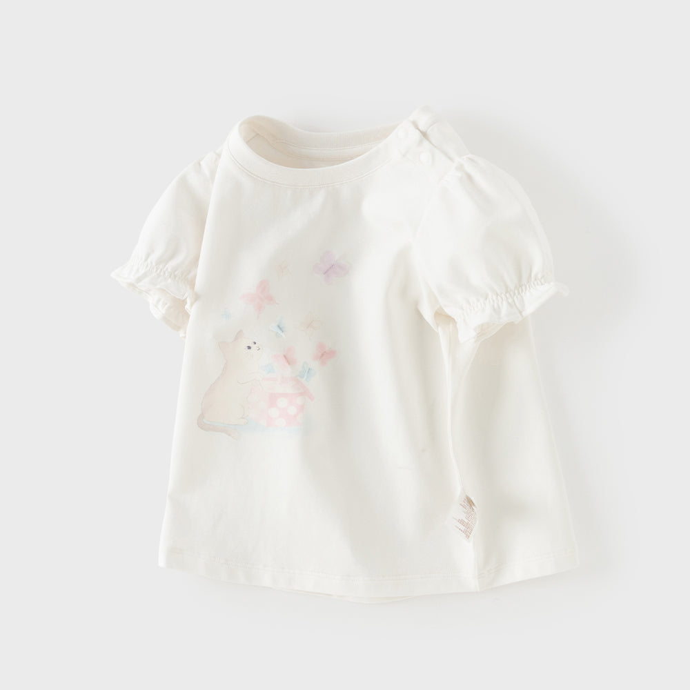 Dave&Bella Summer Toddler Girls Beige Bubble Sleeve Print Soft T-shirts