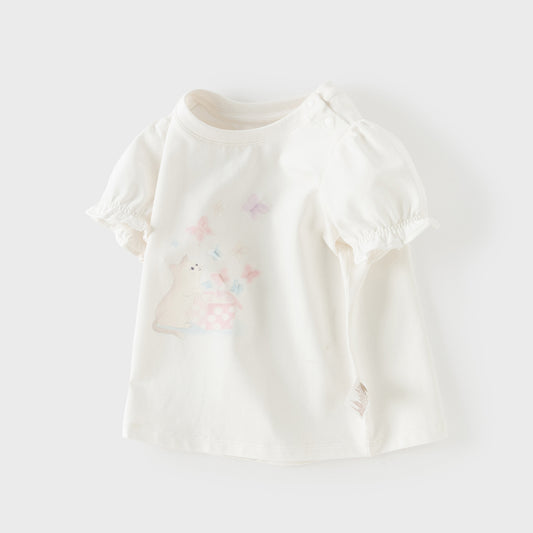 Dave&Bella Summer Toddler Girls Beige Bubble Sleeve Print Soft T-shirts