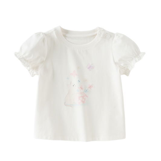 Dave&Bella Summer Toddler Girls Beige Bubble Sleeve Print Soft T-shirts