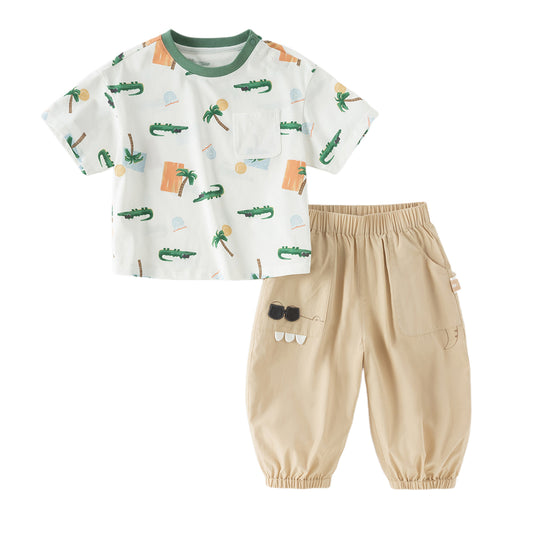 Dave&Bella Toddler Boys Summer Playful Crocodile Print Short Sleeve Top Long Pant Suits