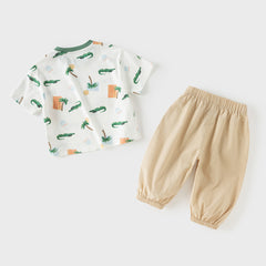 Dave&Bella Toddler Boys Summer Playful Crocodile Print Short Sleeve Top Long Pant Suits