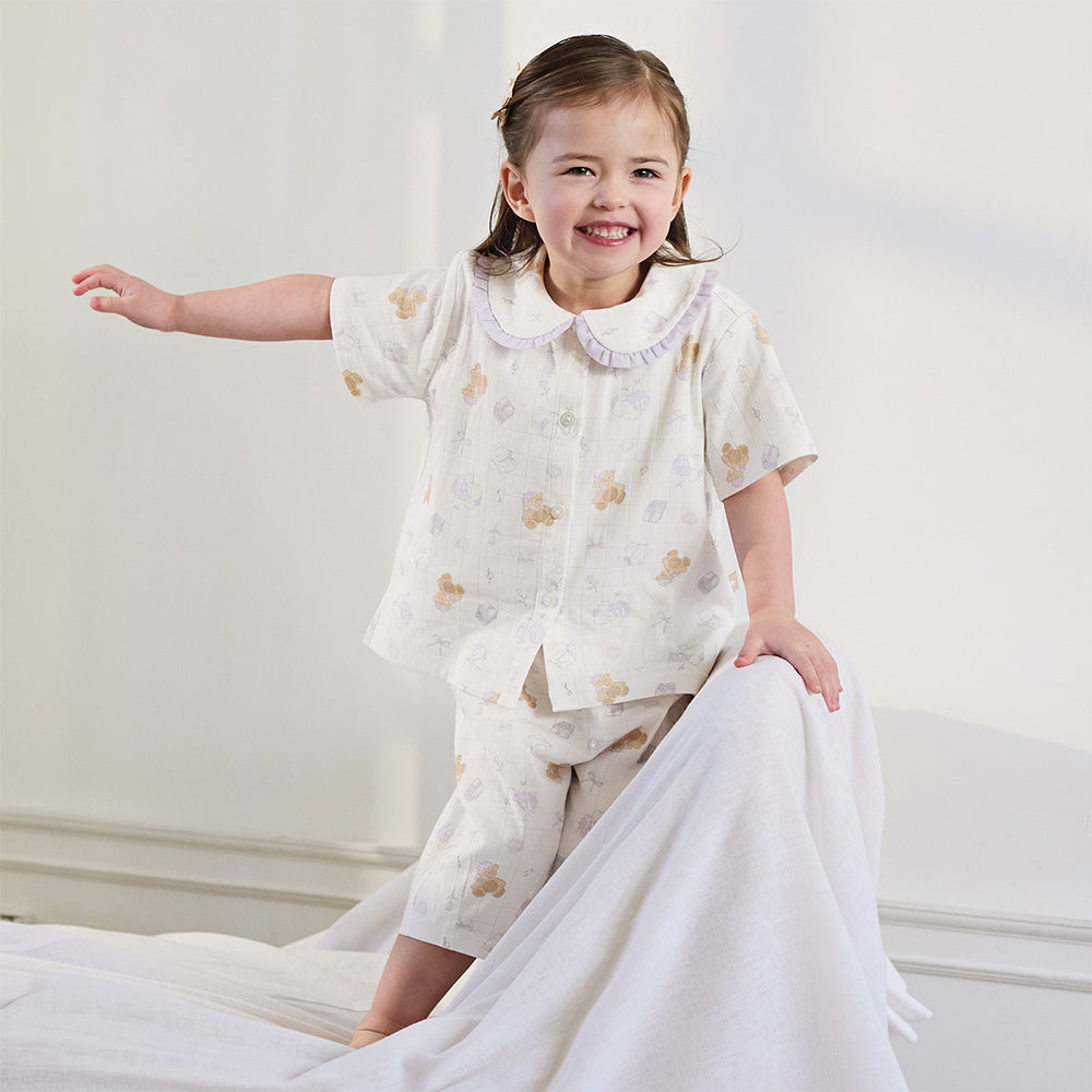 Dave&Bella Toddler Girls Summer Beige Print Cute Doll Collar Soft Comfortable Pajamas