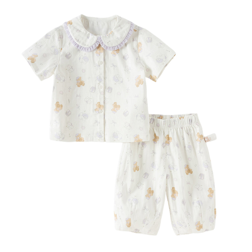 Dave&Bella Toddler Girls Summer Beige Print Cute Doll Collar Soft Comfortable Pajamas