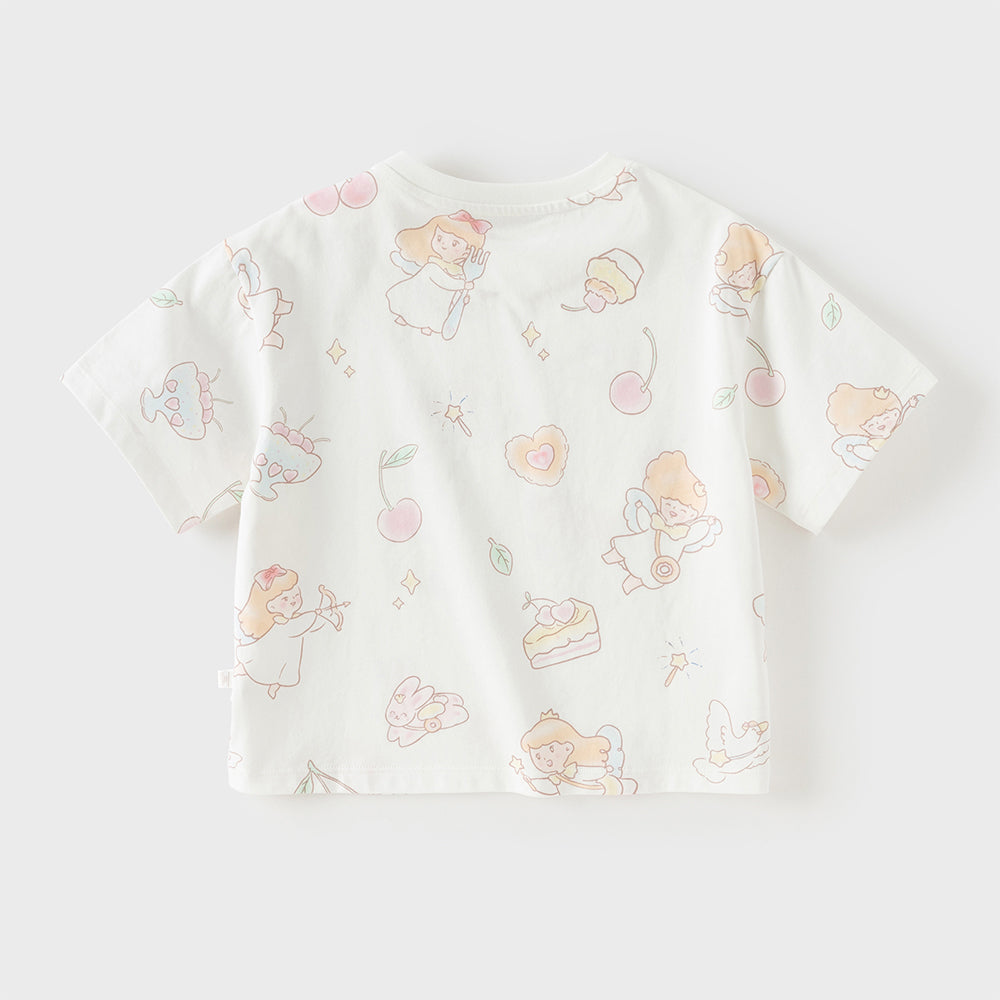 Dave&Bella Toddler Girls Summer Cute White Print Short Sleeve Cotton T-shirts