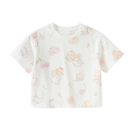 Dave&Bella Toddler Girls Summer Cute White Print Short Sleeve Cotton T-shirts