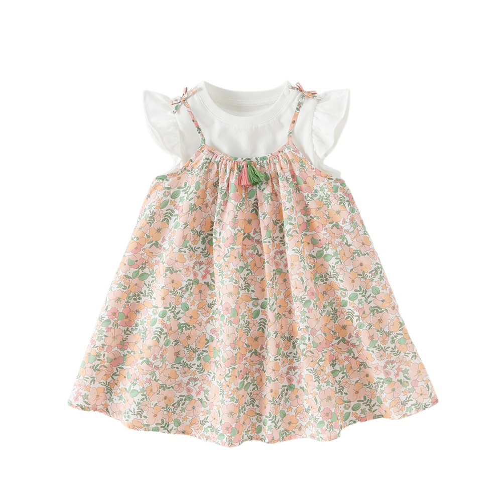Dave&Bella Summer Toddler Girls Floral Print Cotton T-shirt Slip Dress Two-piece Dress