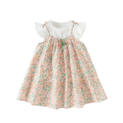 Dave&Bella Summer Toddler Girls Floral Print Cotton T-shirt Slip Dress Two-piece Dress