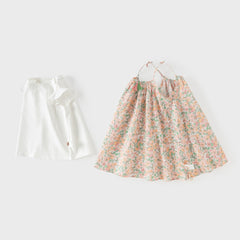 Dave&Bella Summer Toddler Girls Floral Print Cotton T-shirt Slip Dress Two-piece Dress