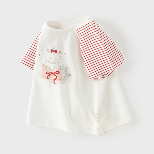 Dave&Bella Summer Toddler Girls Stylish Red Striped Short Sleeve Versatile T-shirts