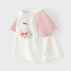 Dave&Bella Summer Toddler Girls Stylish Red Striped Short Sleeve Versatile T-shirts