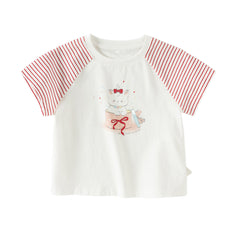 Dave&Bella Summer Toddler Girls Stylish Red Striped Short Sleeve Versatile T-shirts