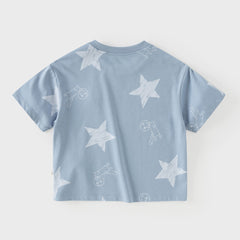 Dave&Bella Summer Toddler Boys Blue Start Print Breathable Soft Daily T-shirts