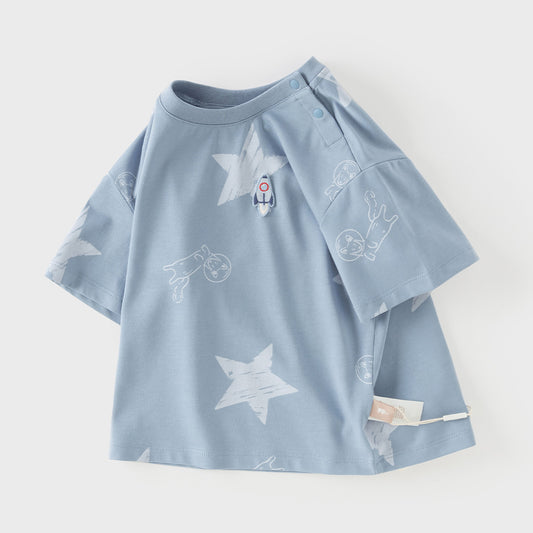Dave&Bella Summer Toddler Boys Blue Start Print Breathable Soft Daily T-shirts