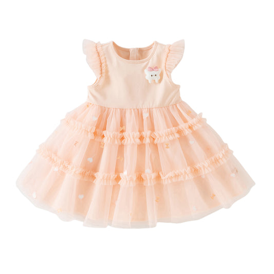 Dave&Bella Summer Toddler Girls Charming Pink Flutter Sleeve Soft Mesh Princess Dress