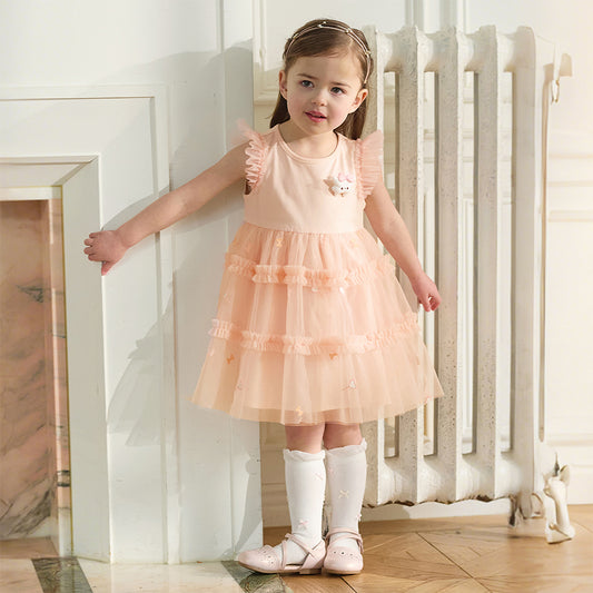 Dave&Bella Summer Toddler Girls Charming Pink Flutter Sleeve Soft Mesh Princess Dress